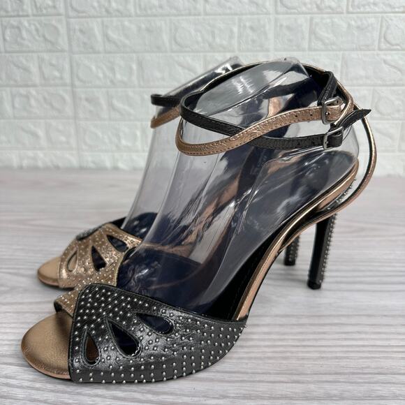 Coach Heels G2000 Prairie Rivets Stiletto Sandal WMNS 10 Black Rose Gold Leather - Picture 5 of 15